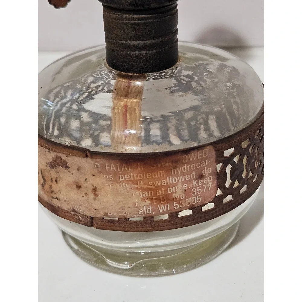 Vintage Miniature Glass Oil Lamp with Rusted Metal Filigree Band and Chimney